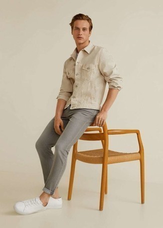 Men's Beige Denim Jacket, Grey Jeans, White Canvas Low Top Sneakers