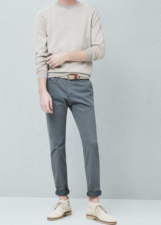 Beige Horizontal Striped Crew-neck Sweater Outfits For Men: 
