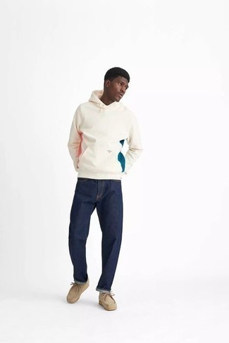 Beige Print Hoodie Outfits For Men: 