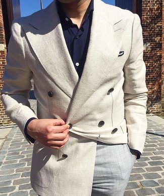 Beige Double Breasted Blazer Outfits For Men: A beige double breasted blazer looks especially sophisticated when paired with grey dress pants for an ensemble worthy of a true gentleman.