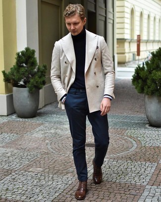 Beige Double Breasted Blazer Outfits For Men: This combination of a beige double breasted blazer and navy chinos is proof that a simple ensemble doesn't have to be boring. Dark brown leather casual boots are a surefire way to bring a hint of stylish nonchalance to your outfit.