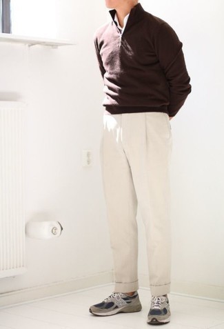 Men's Grey Athletic Shoes, Beige Dress Pants, White Dress Shirt, Dark Brown Zip Neck Sweater