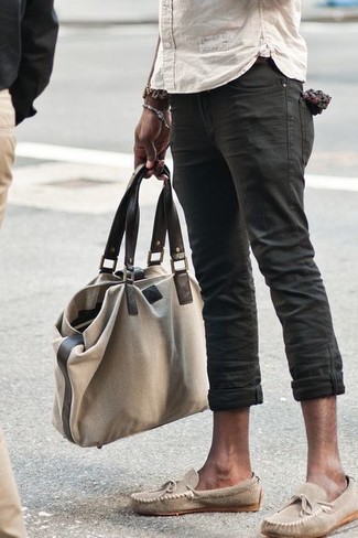 Men's Beige Canvas Tote Bag, Beige Suede Driving Shoes, Black Jeans, Beige Long Sleeve Shirt