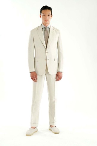 Men's Tan Check Tie, Beige Canvas Espadrilles, Grey Dress Shirt, Beige Suit