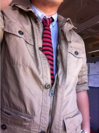 Men's Beige Field Jacket, Light Blue Long Sleeve Shirt, Navy Horizontal Striped Wool Tie