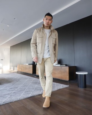 Tan Suede Chelsea Boots Outfits For Men: This combination of a beige field jacket and beige chinos is the perfect base for a variety of stylish getups. A pair of tan suede chelsea boots will add a classy aesthetic to the look.
