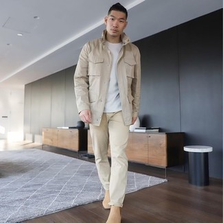 Beige Field Jacket Outfits: This combination of a beige field jacket and beige chinos is an obvious option for when it's time to clock off. Round off your look with tan suede chelsea boots to mix things up.