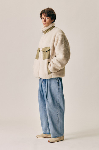 Aquamarine Pants Outfits For Men: A beige fleece zip sweater and aquamarine pants are absolute menswear staples if you're figuring out an off-duty wardrobe that matches up to the highest sartorial standards. For maximum effect, introduce a pair of beige athletic shoes to the equation.