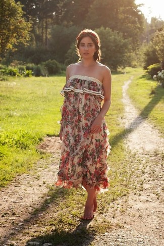 Rock a beige floral maxi dress for a look that's both neat and relaxed.