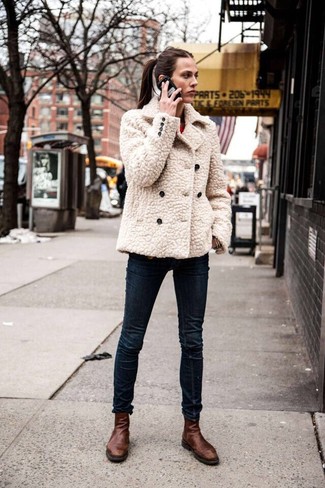 Women's Beige Fur Jacket, Navy Skinny Jeans, Dark Brown Leather Chelsea Boots