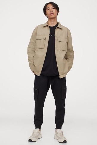 Beige Harrington Jacket Outfits: A beige harrington jacket and black cargo pants are a good combo to keep in your day-to-day styling collection. Beige athletic shoes are the most effective way to add a dash of stylish nonchalance to this look.