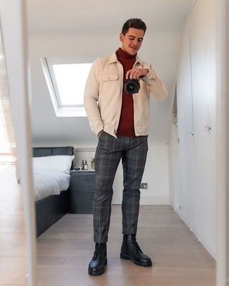 Red Wool Turtleneck Outfits For Men: This combo of a red wool turtleneck and charcoal plaid chinos is irrefutable proof that a safe off-duty outfit doesn't have to be boring. You can get a little creative with shoes and complete this ensemble with black leather casual boots.
