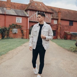 Beige Harrington Jacket Outfits: A beige harrington jacket and black skinny jeans worn together are a match made in heaven for guys who appreciate off-duty looks. Finishing with white athletic shoes is the simplest way to inject an air of stylish nonchalance into this outfit.