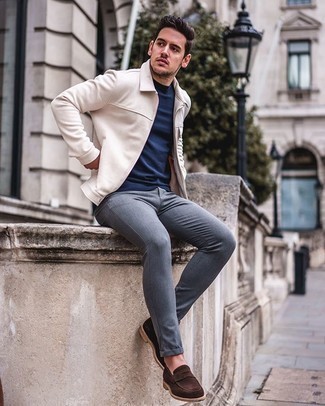 Tan Harrington Jacket Outfits: Pair a tan harrington jacket with grey chinos for a casual look with a modern spin. A pair of dark brown suede loafers instantly ups the classy factor of any look.