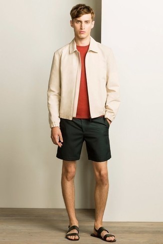 500+ Relaxed Outfits For Men: This ensemble with a beige harrington jacket and dark green shorts isn't a hard one to pull off and is easy to change throughout the day. For times when this outfit is just too much, tone it down by finishing with a pair of dark green leather sandals.
