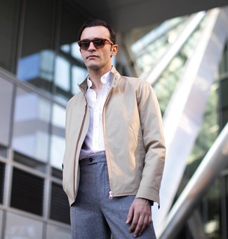 Tan Harrington Jacket Outfits: Pairing a tan harrington jacket and grey wool dress pants will create a polished, manly silhouette.