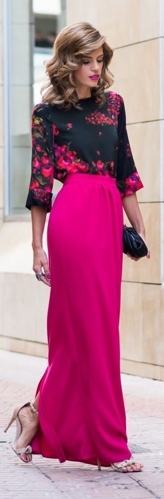 Women's Black Satin Clutch, Beige Leather Heeled Sandals, Hot Pink Maxi Skirt, Black Floral Long Sleeve Blouse