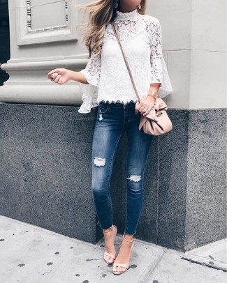 White Lace Short Sleeve Blouse Outfits: 