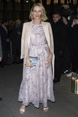 Naomi Watts wearing Light Blue Quilted Leather Clutch, Beige Leather Heeled Sandals, Pink Embroidered Evening Dress, Beige Coat