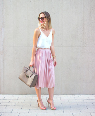 Women's Grey Leather Satchel Bag, Beige Leather Heeled Sandals, Pink Pleated Midi Skirt, White Silk Sleeveless Top
