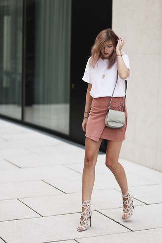 Women's Grey Leather Crossbody Bag, Beige Leather Heeled Sandals, Pink Suede Mini Skirt, White Crew-neck T-shirt