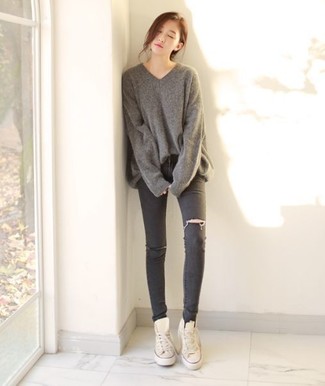 Women's Beige High Top Sneakers, Charcoal Ripped Skinny Jeans, Grey Oversized Sweater