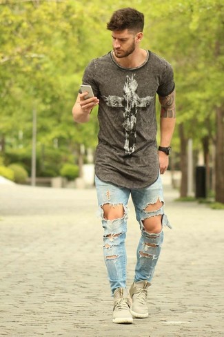 Grey Print Crew-neck T-shirt Outfits For Men: 