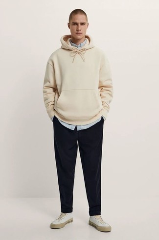 Men's Beige Hoodie, Light Blue Chambray Long Sleeve Shirt, Navy Chinos, White Canvas High Top Sneakers