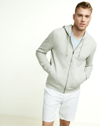 Tan Hoodie Outfits For Men: If you're facing a sartorial situation where comfort is paramount, try teaming a tan hoodie with white shorts.