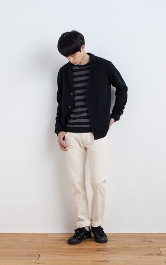 Men's Black Canvas Low Top Sneakers, Beige Jeans, Charcoal Horizontal Striped Crew-neck T-shirt, Black Knit Blazer