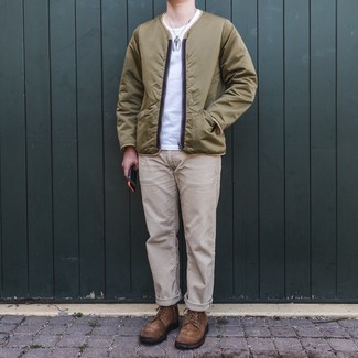 Men's Brown Suede Casual Boots, Beige Corduroy Jeans, White Crew-neck T-shirt, Olive Bomber Jacket