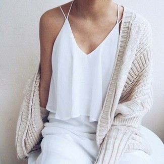 White Silk Tank Dress Outfits: If you're planning for a sartorial situation where comfort is crucial, this combination of a white silk tank dress and a beige knit open cardigan is a no-brainer.