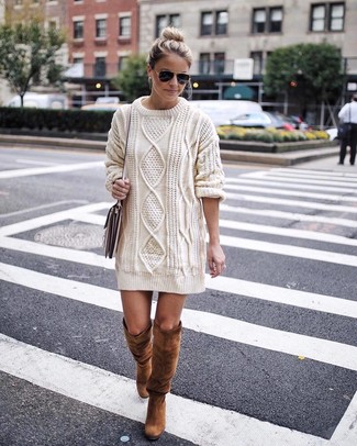 Fringed Cable Knit Wool Sweater Dress