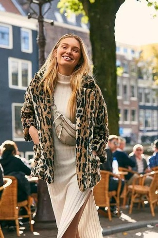 Women's Beige Leather Fanny Pack, Beige Knit Midi Dress, Tan Leopard Fur Jacket