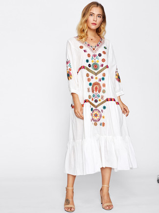 White Embroidered Peasant Dress Outfits: 