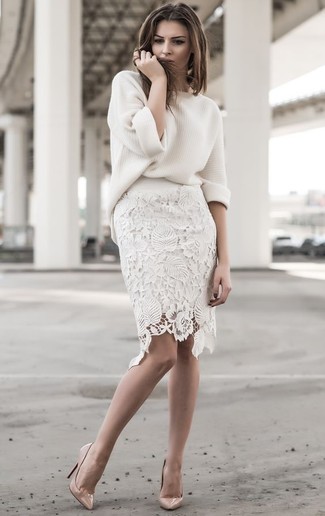 White Lace Pencil Skirt Outfits: 