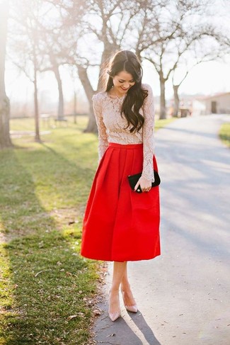 Women's Beige Lace Long Sleeve Blouse, Red Full Skirt, Beige Leather Pumps, Black Suede Clutch