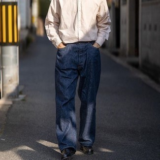Men's Beige Long Sleeve Shirt, Navy Jeans, Black Leather Loafers