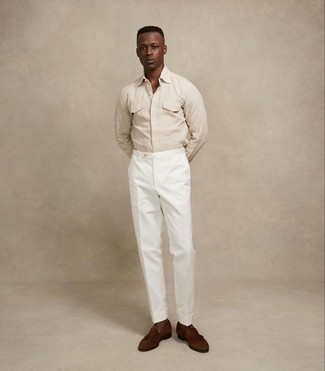 White Chinos with Brown Suede Loafers Outfits In Their 20s: Teaming a beige long sleeve shirt with white chinos is an amazing choice for a casual but seriously stylish outfit. Why not take a classic approach with shoes and add a pair of brown suede loafers to the equation? If you're in your twenties, take inspiration from getups like this to add more seriousness to your personal style.
