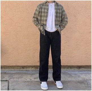 White and Black Leather High Top Sneakers Outfits For Men: This casual combination of a beige plaid long sleeve shirt and black jeans can go different ways depending on the way you style it. White and black leather high top sneakers can instantly dress down an all-too-dressy getup.