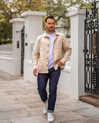 Men's Beige Long Sleeve Shirt, White Crew-neck T-shirt, Navy Jeans, White Leather Low Top Sneakers