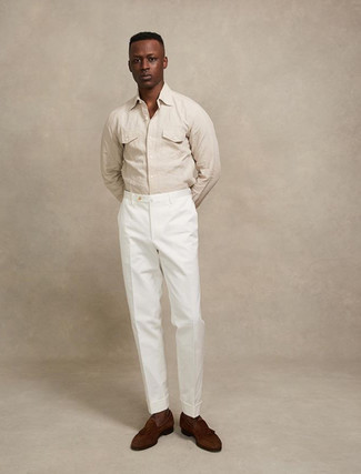 Tobacco Suede Tassel Loafers Outfits: For a look that's polished and truly GQ-worthy, rock a beige long sleeve shirt with white dress pants. A pair of tobacco suede tassel loafers is a nice option to finish this ensemble.