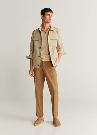 Beige Military Jacket Outfits For Men: This combo of a beige military jacket and khaki chinos is the ultimate off-duty style for any modern gentleman. Introduce tan canvas espadrilles to the mix and the whole ensemble will come together perfectly.