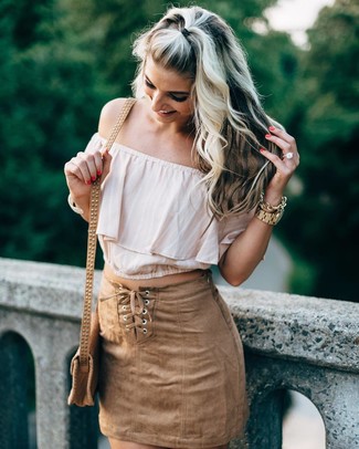 Beige Off Shoulder Top Outfits: Why not try teaming a beige off shoulder top with a tan suede mini skirt? Both pieces are totally functional and will look amazing together.