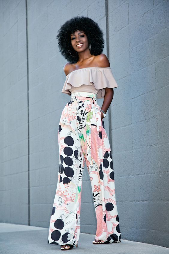 Women s Beige Off Shoulder Top White Print Wide Leg Pants Black Leather Heeled Sandals Lookastic