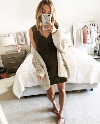 Women's Beige Knit Open Cardigan, Dark Brown Suede Sheath Dress, Brown Leather Thong Sandals, Gold Ring