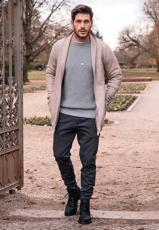 Beige Open Cardigan Outfits For Men: For a casual ensemble with a fashionable spin, you can rely on a beige open cardigan and charcoal vertical striped chinos. Feeling creative? Elevate your getup by slipping into black leather casual boots.