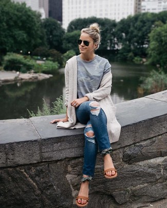 Women's Beige Open Cardigan, Grey Camouflage Crew-neck T-shirt, Navy Ripped Skinny Jeans, Brown Leather Flat Sandals