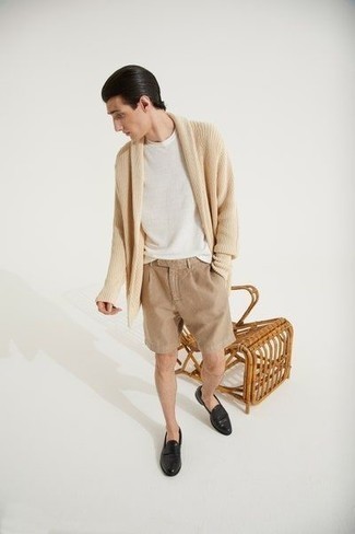 Beige Open Cardigan Outfits For Men: This is definitive proof that a beige open cardigan and tan shorts look awesome when teamed together in a laid-back outfit. If you need to immediately elevate this getup with one item, why not complete your outfit with black leather loafers?