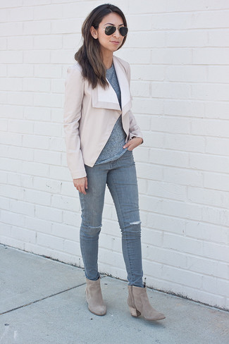 Women's Beige Leather Open Jacket, Grey Crew-neck T-shirt, Grey Ripped Skinny Jeans, Grey Suede Ankle Boots